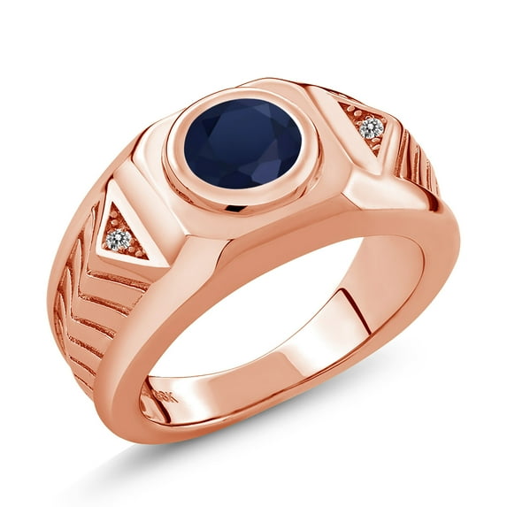 Gem Stone King 2.49 Ct Round Blue Sapphire White Diamond 18K Rose Gold Plated Silver Men's Ring