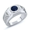 thumbnail image 1 of Gem Stone King 2.49 Ct Round Blue Sapphire White Diamond 925 Sterling Silver Men's Ring, 1 of 5