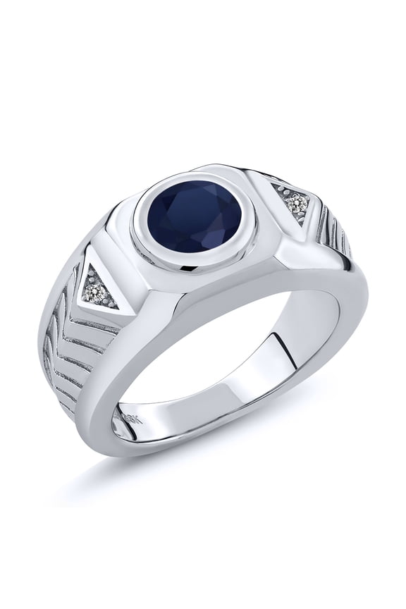 2.49 Ct Round Blue Sapphire White Diamond 925 Sterling Silver Men's Ring