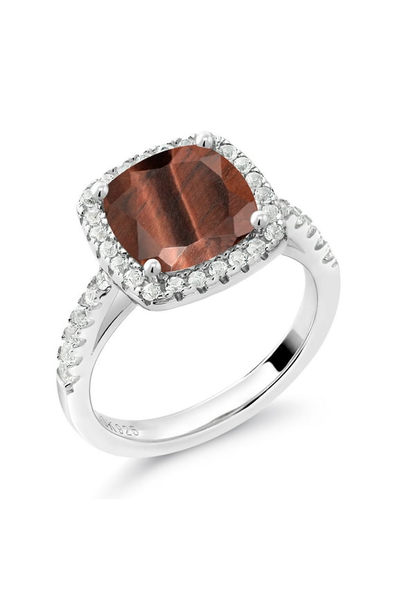 2.50 Ct Cushion Red Tiger Eye White Created Sapphire 925 Sterling Silver Ring