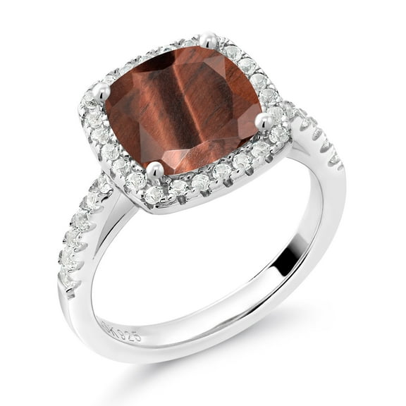 Gem Stone King 2.50 Ct Cushion Red Tiger Eye White Created Sapphire 925 Sterling Silver Ring