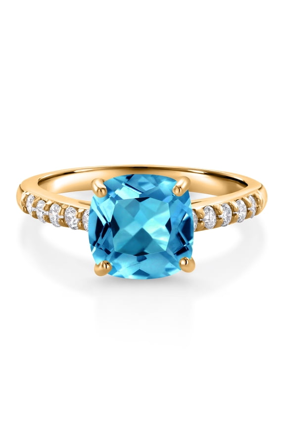 2.50 Ct Cushion Swiss Blue Topaz G/H Lab Grown Diamond 10K Yellow Gold Engagement Ring (Size 8)