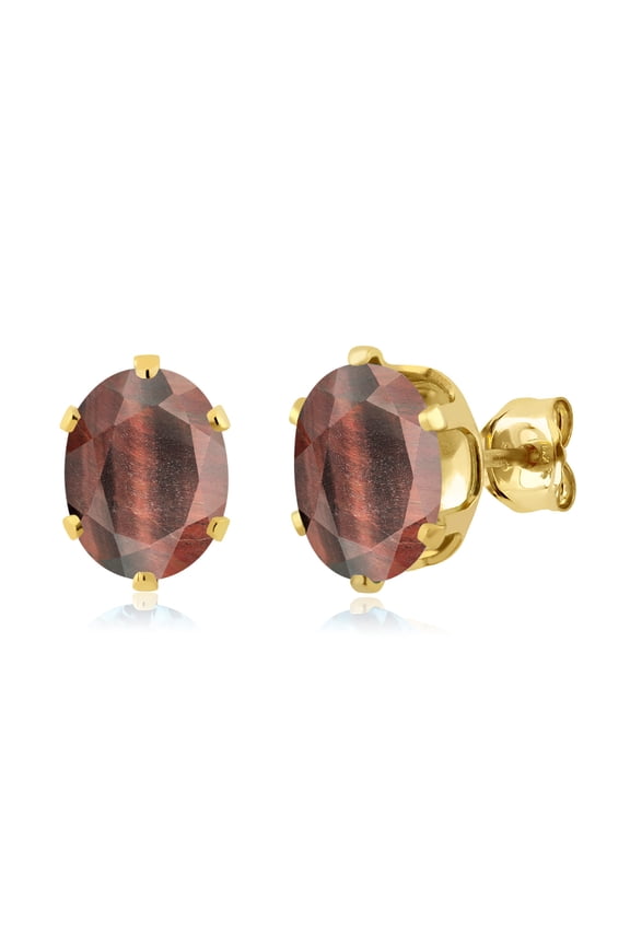 2.50 Ct Oval 8x6mm Red Tiger Eye 18K Yellow Gold Plated Silver Stud Earrings for Women Men