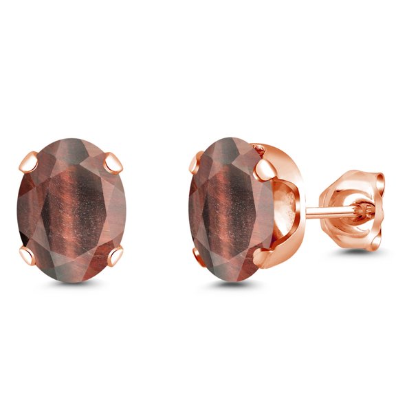 Gem Stone King 18K Rose Gold Plated Silver Red Tiger Eye Stud Earrings for Women Men | 2.50 Cttw | Gemstone Birthstone | Oval 8X6MM