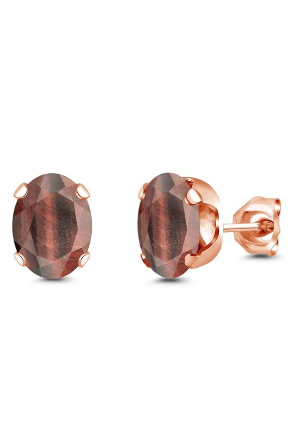18K Rose Gold Plated Silver Red Tiger Eye Stud Earrings for Women Men | 2.50 Cttw | Gemstone Birthstone | Oval 8X6MM