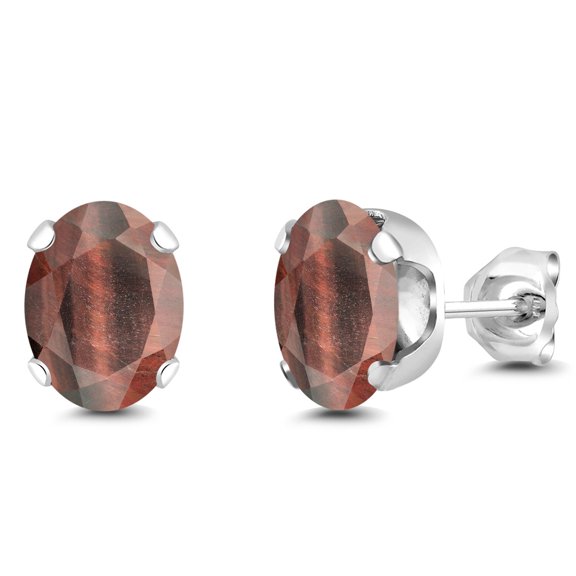 Gem Stone King 925 Sterling Silver Red Tiger Eye Stud Earrings for Women Men | 2.50 Cttw | Gemstone Birthstone | Oval 8X6MM