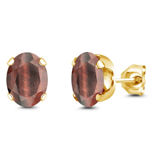 Gem Stone King 18K Yellow Gold Plated Silver Red Tiger Eye Stud Earrings for Women Men | 2.50 Cttw | Gemstone Birthstone | Oval 8X6MM