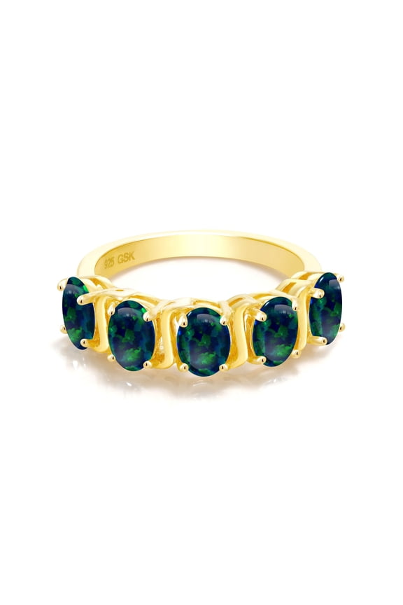 2.50 Ct Oval Cabochon Green Simulated Opal 18K Yellow Gold Plated Silver Ring (Size 9)
