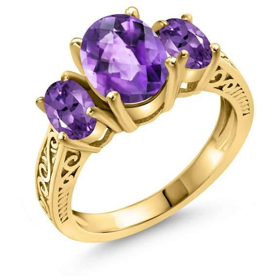 Gem Stone King 2.50 Ct Oval Checkerboard Purple Amethyst 18K Yellow Gold Plated Silver 3-Stone Ring