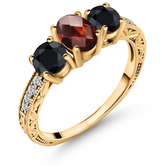 Gem Stone King 2.50 Ct Oval Checkerboard Red Garnet Black Sapphire 18K Yellow Gold Plated Silver Ring (Size 9)