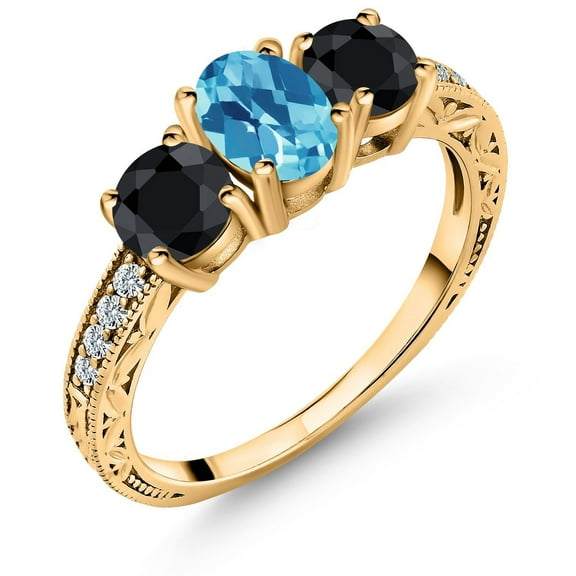 Gem Stone King 2.50 Ct Oval Checkerboard Swiss Blue Topaz Black Sapphire 18K Yellow Gold Plated Silver Ring (Size 7)
