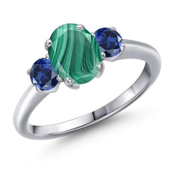 Gem Stone King 2.50 Ct Oval Green Malachite Blue Created Sapphire 925 Sterling Silver Ring