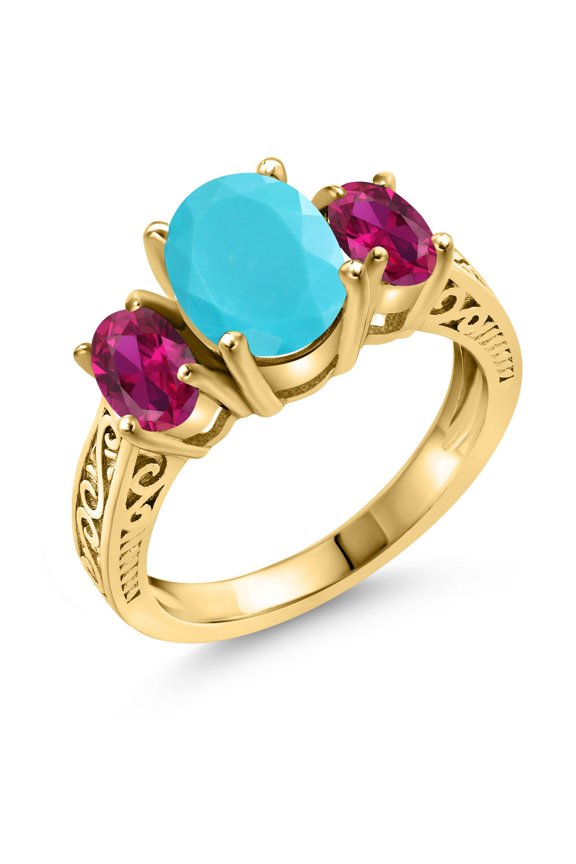 2.50 Ct Oval Green Turquoise Red Created Ruby 18K Yellow Gold Plated Silver Ring (Size 7)