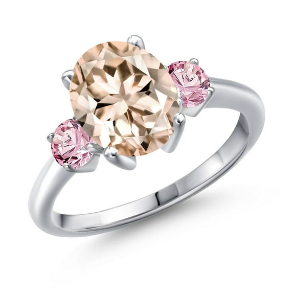 Gem Stone King 2.50 Ct Oval Peach Morganite Pink Lab Grown Diamond 925 Sterling Silver Ring