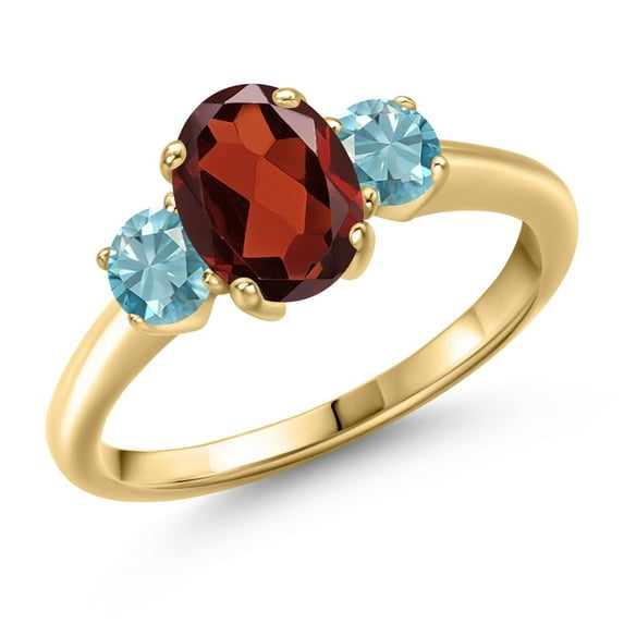 Gem Stone King 2.50 Ct Oval Red Garnet Blue Zircon 18K Yellow Gold Plated Silver Ring