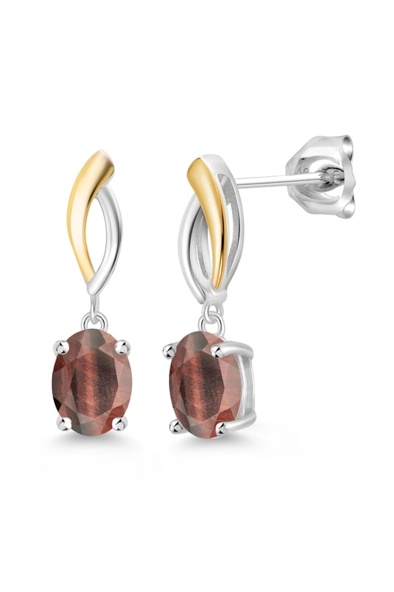2.50 Ct Oval Red Tiger Eye 925 Silver and 10K Yellow Gold Earrings