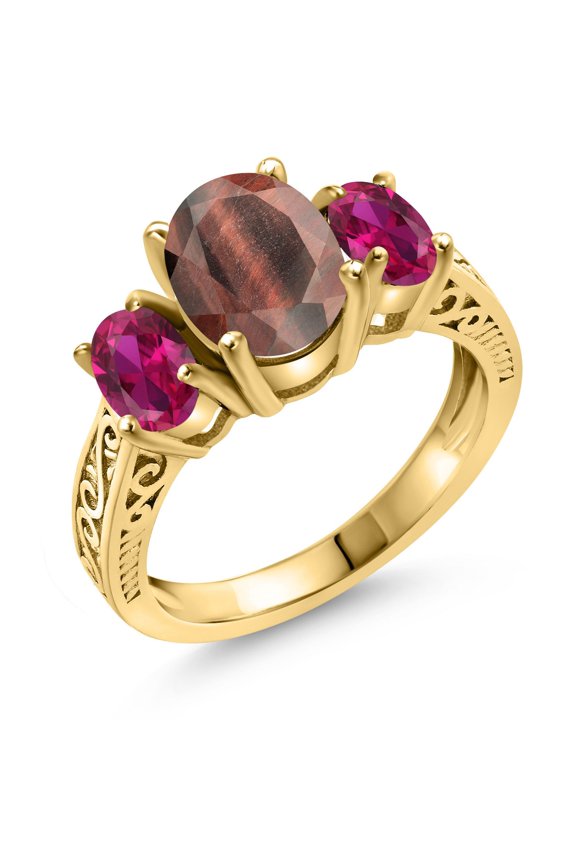 2.50 Ct Oval Red Tiger Eye Red Created Ruby 18K Yellow Gold Plated Silver Ring (Size 6)
