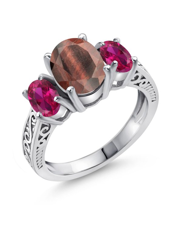2.50 Ct Oval Red Tiger Eye Red Created Ruby 925 Sterling Silver Ring (Size 6)