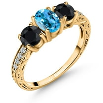 Gem Stone King 2.50 Ct Oval Swiss Blue Topaz Black Sapphire 18K Yellow Gold Plated Silver Ring (Size 7)
