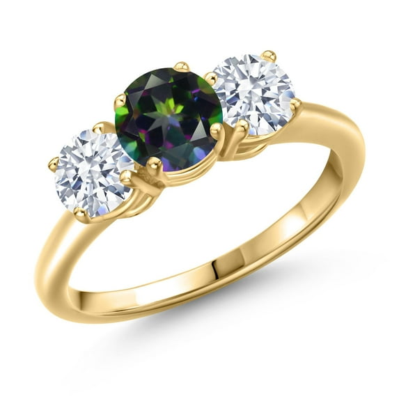 Gem Stone King 18K Yellow Gold Plated Silver Green Mystic Topaz and White Zirconia Engagement Ring for Women | 2.50 Cttw | Round 6MM | Gemstone November Birthstone | Size 5