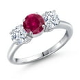 thumbnail image 1 of Gem Stone King 925 Sterling Silver Red Created Ruby and White Zirconia Engagement Ring for Women | 2.50 Cttw | Round 6MM | Gemstone July Birthstone | Size 7, 1 of 6