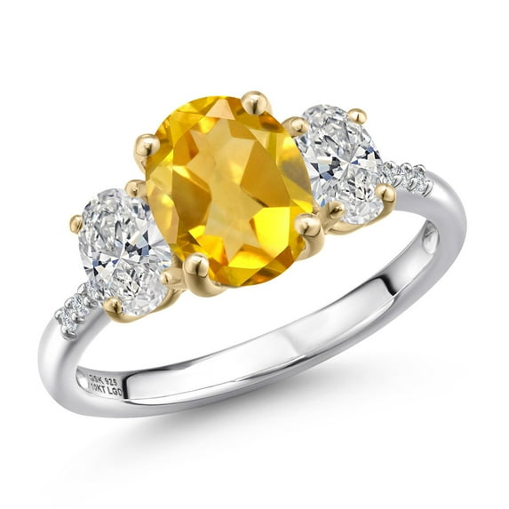 Gem Stone King 925 Silver and 10K Yellow Gold Yellow Citrine and DEF Lab Grown Diamond Engagement Ring for Women | 2.56 Cttw | Oval 9X7MM | November Birthstone | Size 9