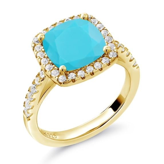 Gem Stone King 2.50 Cttw Green Turquoise and White Created Sapphire 18K Yellow Gold Plated Silver Ring for Women | Gemstone Birthstone | Available in Size 5, 6, 7, 8, 9