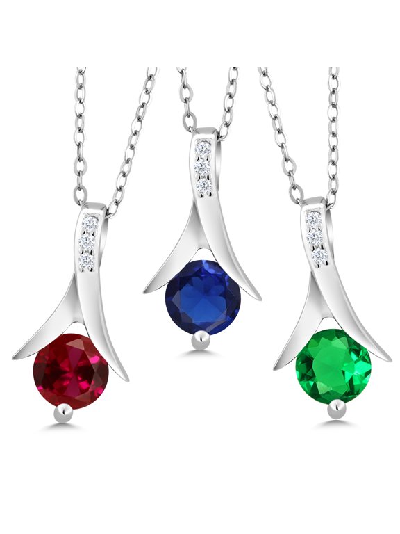 2.50 ct Created Ruby Simulated Sapphire Simulated Emerald 925 Silver Pendant Set