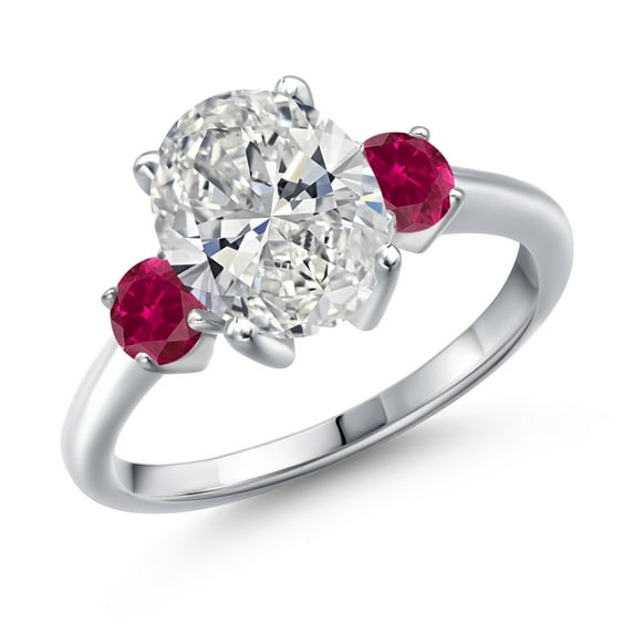 Gem Stone King 2.50 cttw IGI Certified Lab Grown Diamond and Red Created Ruby 3-Stone Engagement Ring for Women | 925 Sterling Silver | Center 2.00 Ct Diamond | D-E Color | VS1-VS2 Clarity | Size 8