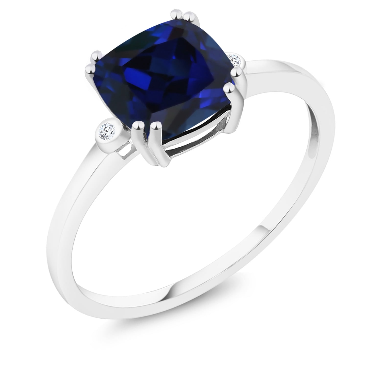Gem Stone King 2.51 Ct Cushion Blue Created Sapphire White Diamond 10K White Gold Ring