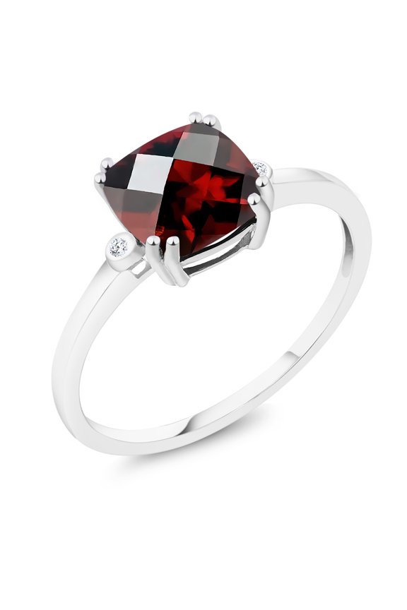 2.51 Ct Cushion Checkerboard Red Garnet White Diamond 10K White Gold Ring