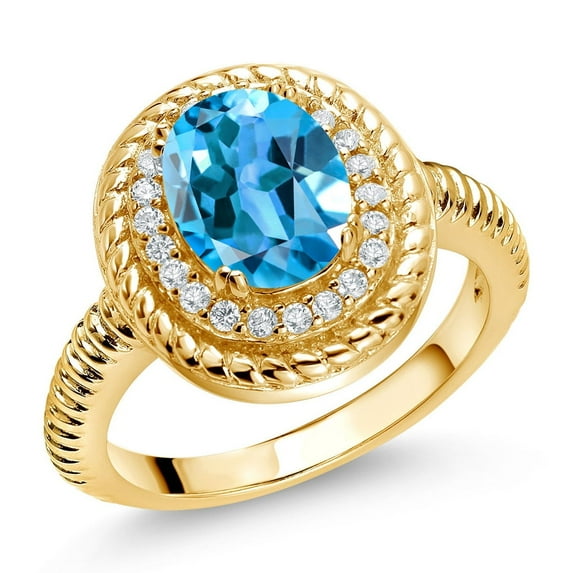Gem Stone King 2.51 Ct Oval Swiss Blue Topaz 18K Yellow Gold Plated Silver Halo Engagement Ring (Size 6)