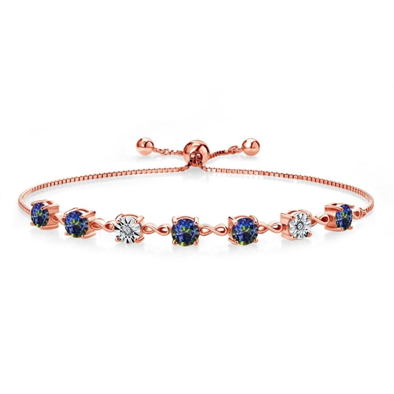 Gem Stone King 2.51 Ct Round Blue Mystic Topaz 18K Rose Gold Plated Silver Lab Grown Diamond Tennis Bracelet for Women (Fully Adjustable up to 9 inch)