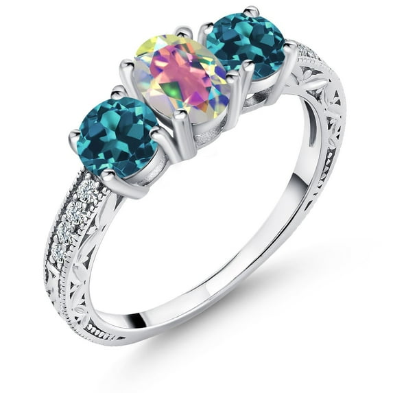 Gem Stone King 2.52 Ct Oval Mercury Mist Mystic Topaz London Blue Topaz 925 Sterling Silver Ring (Size 7)