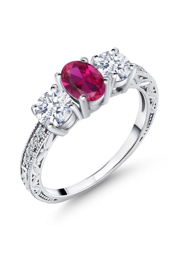 2.52 Cttw Red Created Ruby 3-Stone Engagement Ring for Women | 925 Sterling Silver | Oval 7X5MM and Round 5MM | Three Stone Wedding Anniversary Promise Ring for Women