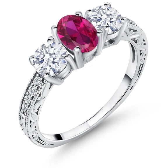 Gem Stone King 2.52 Cttw Red Created Ruby 3-Stone Engagement Ring for Women | 925 Sterling Silver | Oval 7X5MM and Round 5MM | Three Stone Wedding Anniversary Promise Ring for Women