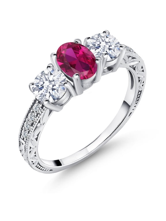 2.52 Cttw Red Created Ruby 3-Stone Engagement Ring for Women | 925 Sterling Silver | Oval 7X5MM and Round 5MM | Three Stone Wedding Anniversary Promise Ring for Women