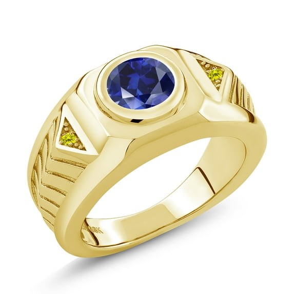 Gem Stone King 2.53 Ct Blue Created Sapphire Diamond 18K Yellow Gold Plated Silver Men's Ring