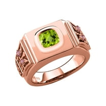 Gem Stone King 2.53 Ct Cushion Checkerboard Green Peridot Pink Lab Grown Diamond 18K Rose Gold Plated Silver Men's Ring (Size 13)