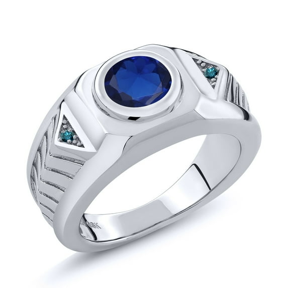Gem Stone King 2.53 Ct Round Blue Created Sapphire Blue Diamond 925 Silver Men's Ring
