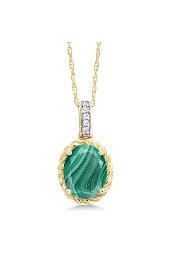 2.54 Ct Oval Green Malachite White Diamond 10K Yellow Gold Pendant with Chain