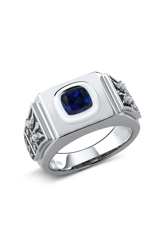 2.56 Ct Cushion Blue Created Sapphire 925 Sterling Silver Men's Ring (Size 13)