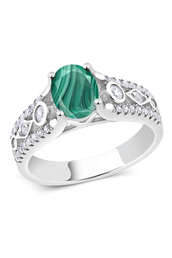 2.56 Ct Oval Green Malachite 925 Sterling Silver Ring
