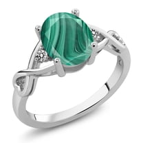 Gem Stone King 2.56 Ct Oval Green Malachite White Diamond 925 Sterling Silver Ring (Size 9)