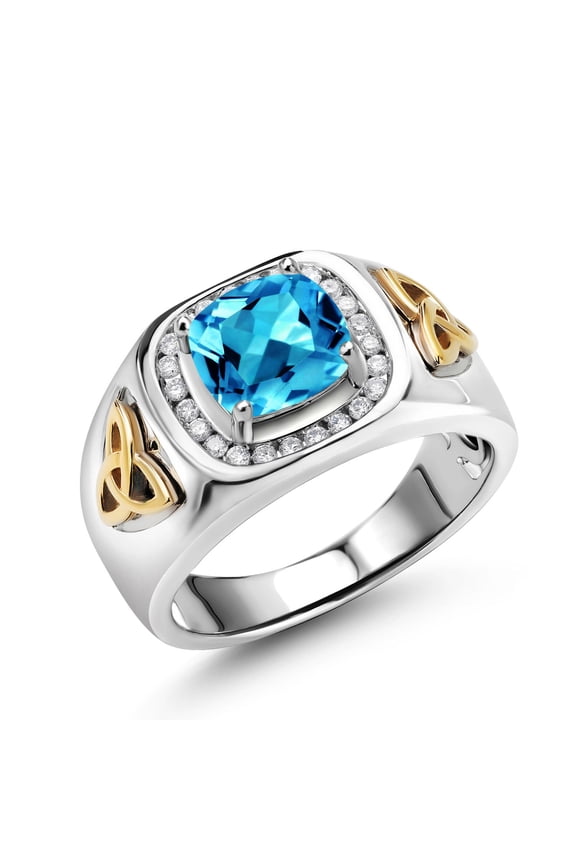 2.56 Ct Swiss Blue Topaz Lab Grown Diamond 925 Silver and 10K Yellow Gold Men's Ring | Size 10