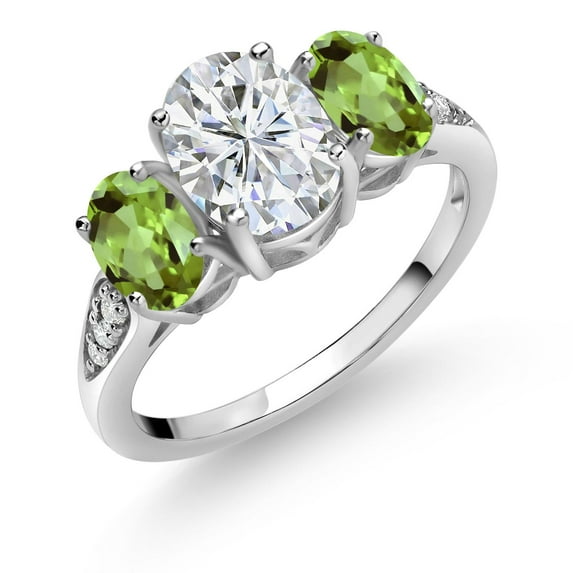 Gem Stone King 2.56 Cttw 10K White Gold IGI Certified Lab Grown Diamond and Peridot 3-Stone Engagement Ring for Women | Center 1 Ct Oval Diamond | E-F Color VS1-VS2 Clarity