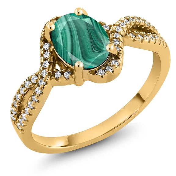 Gem Stone King 2.58 Ct Oval Green Malachite 18K Yellow Gold Plated Silver Ring (Size 6)
