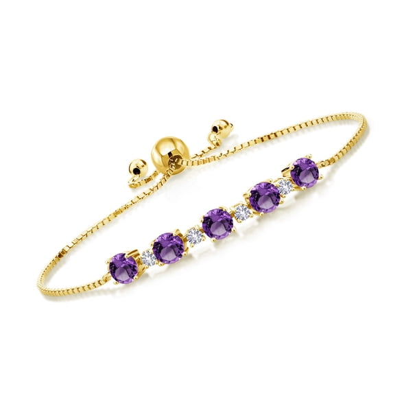 Gem Stone King 2.58 Ct Purple Amethyst White Created Sapphire 18K Yellow Gold Plated Silver Bracelet for Women