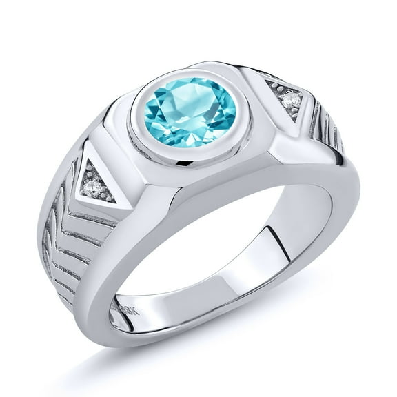Gem Stone King 2.58 Ct Round Swiss Blue Topaz 925 Sterling Silver Men's Ring