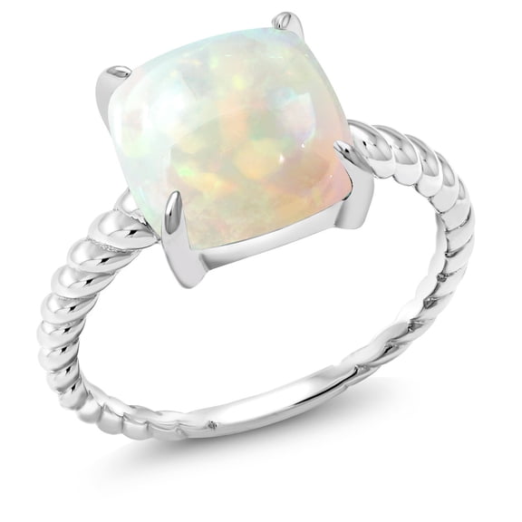 Gem Stone King 2.58 Cttw Cushion Cut Cabochon White Ethiopian Opal Ring for Women | 925 Sterling Silver | Wedding Engagement Anniversary Promise Ring for Women | Available in Size 5-9 | Size 9